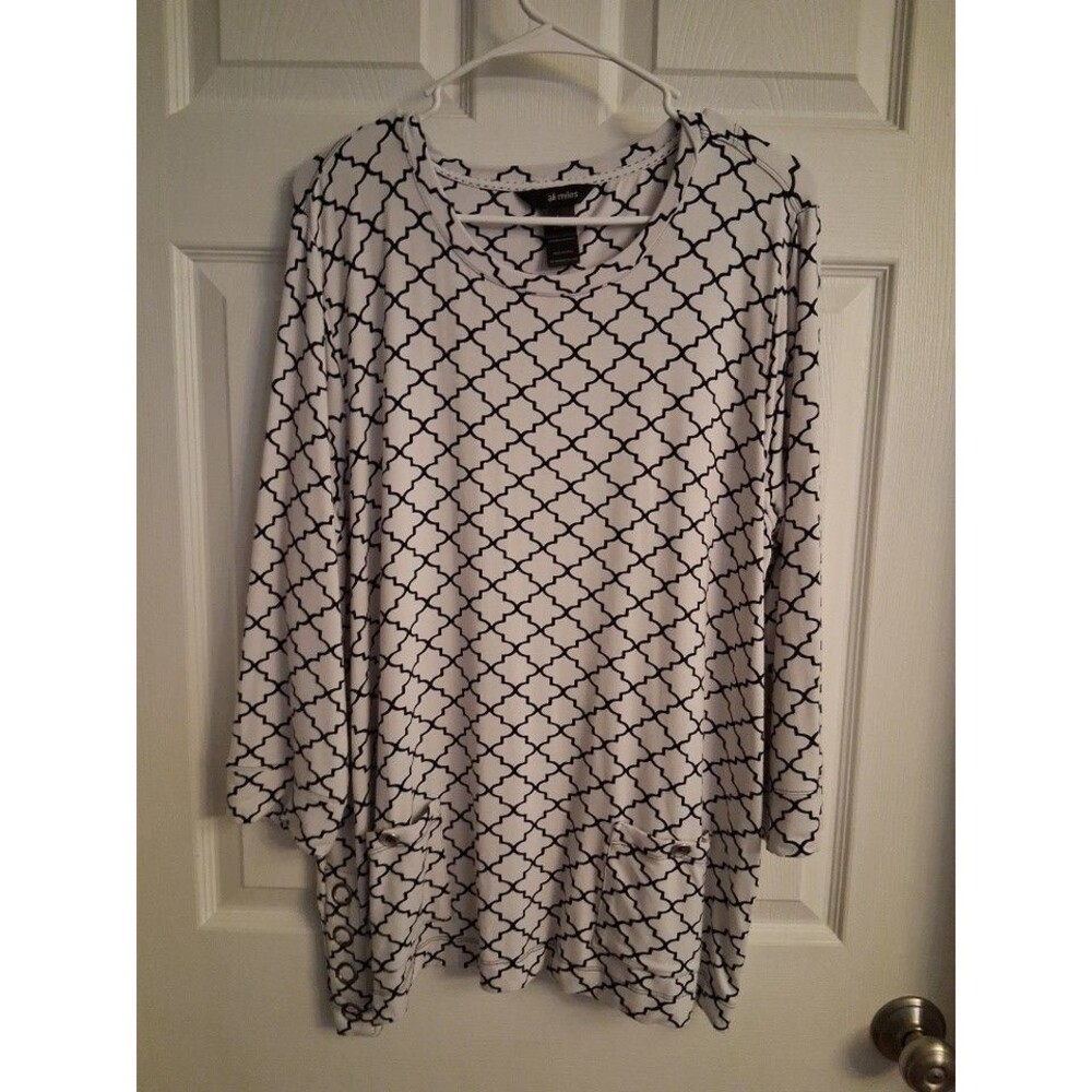 Ali Miles Tunic Top Womens Large Black White Geometric 3/4 Sleeve Pocket Artsy